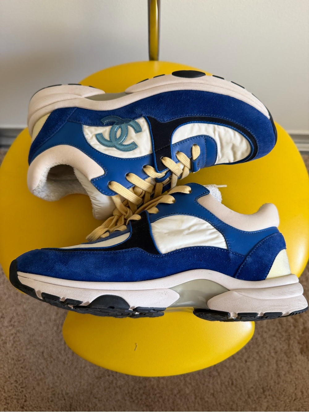 Chanel 2019 Cruise Blue / Yellow Suede Pastel CC Logo Runner Sneakers [7] - Picture 3 of 7